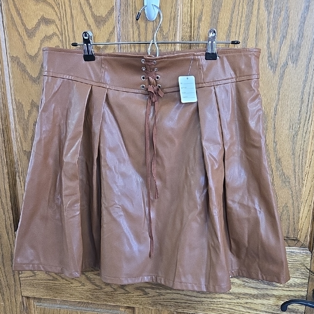 Tan Knee-Length A-Line Skirt with Pleated Tie Front